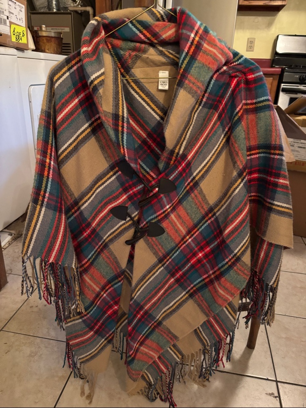 Cato Plaid Toggle-Front Cape in Tan, Red, Green & Blue